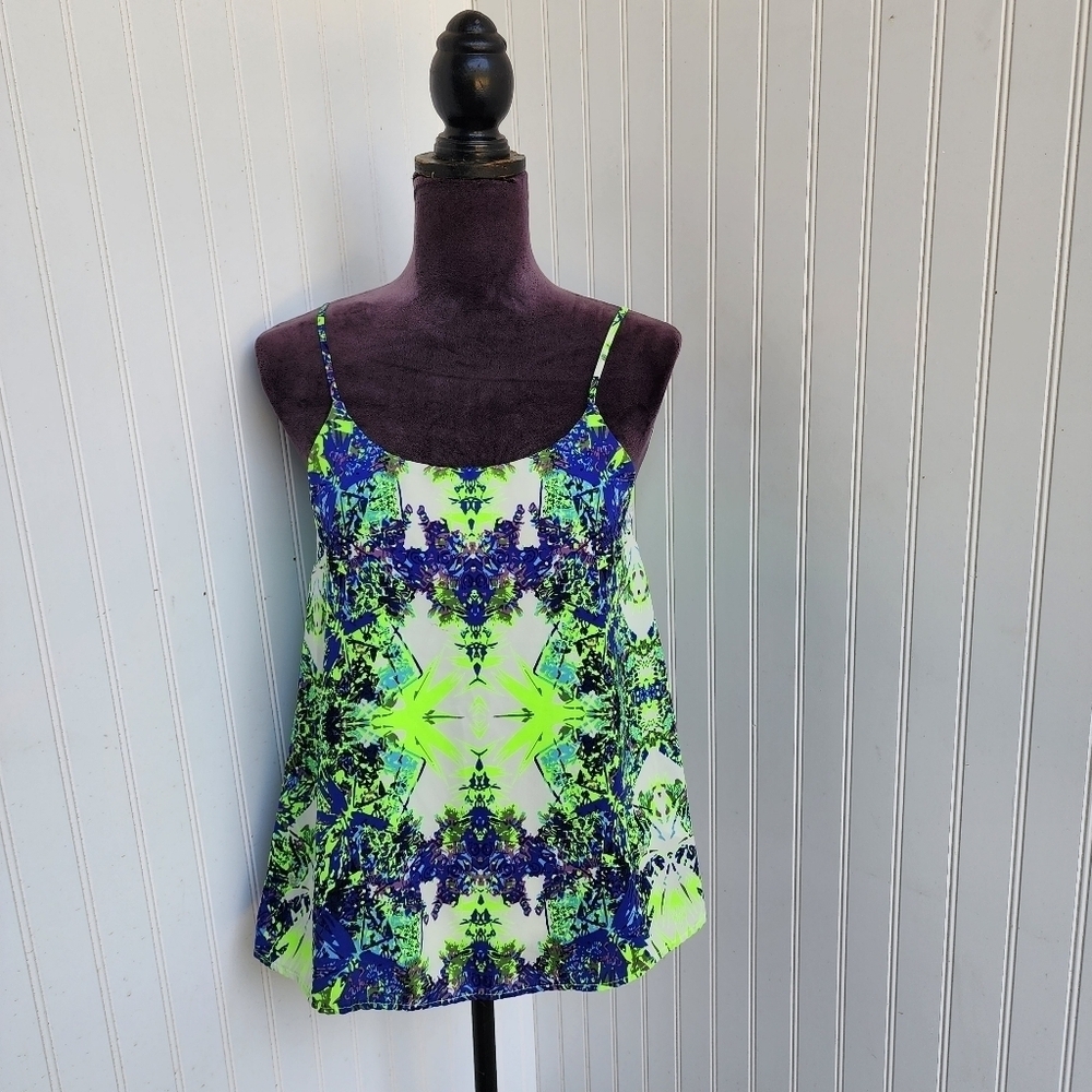 Everly Women's Spaghetti Strap Lime Green Blue Abstract Top Size Small